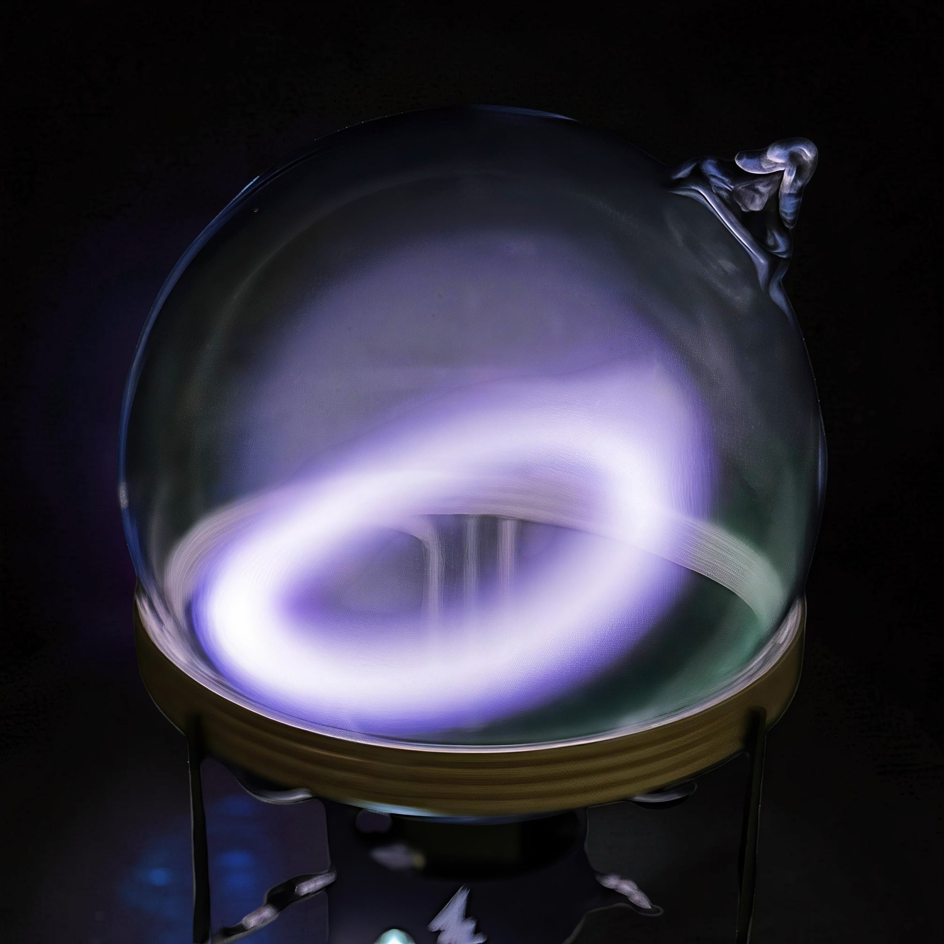 The Curious Mind Xenon Ion Ring Glass Sphere, a science display with a glowing purple plasma ring inside a glass orb on a metal stand.