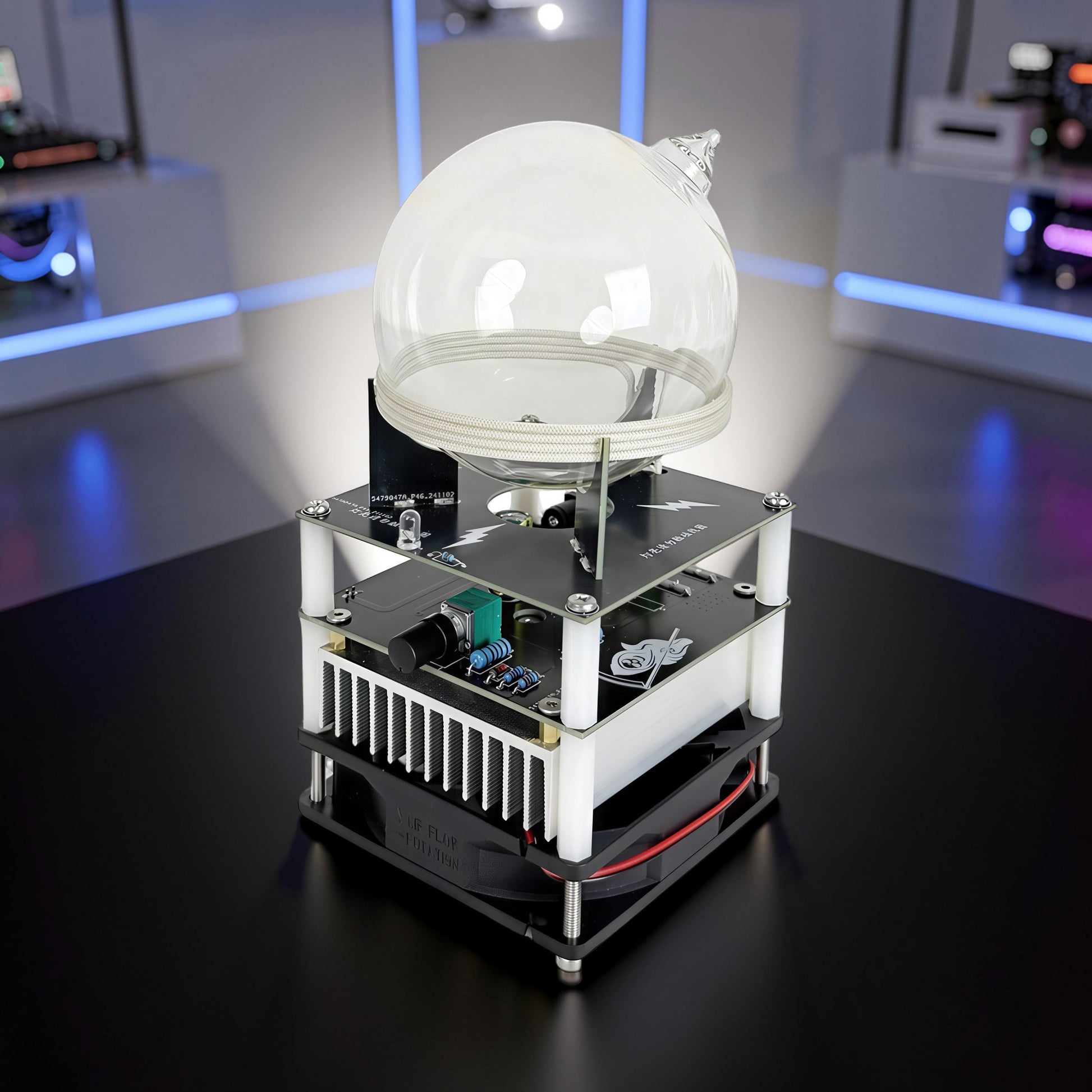 The Curious Mind Xenon Ion Ring Glass Sphere science display with glass globe and electronic base.