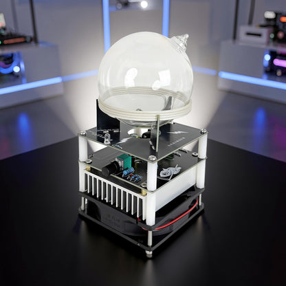 The Curious Mind Xenon Ion Ring Glass Sphere science display with glass globe and electronic base.