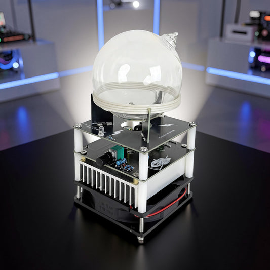 The Curious Mind Xenon Ion Ring Glass Sphere science display with glass globe and electronic base.