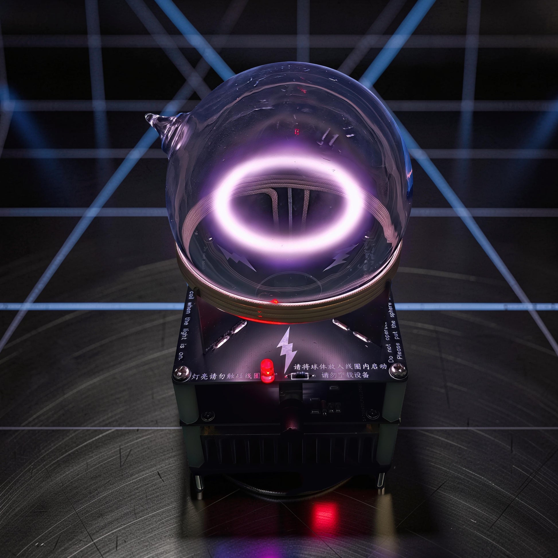The Curious Mind Xenon Ion Ring Glass Sphere, a science display with a glowing purple ring inside a glass orb on a black base.