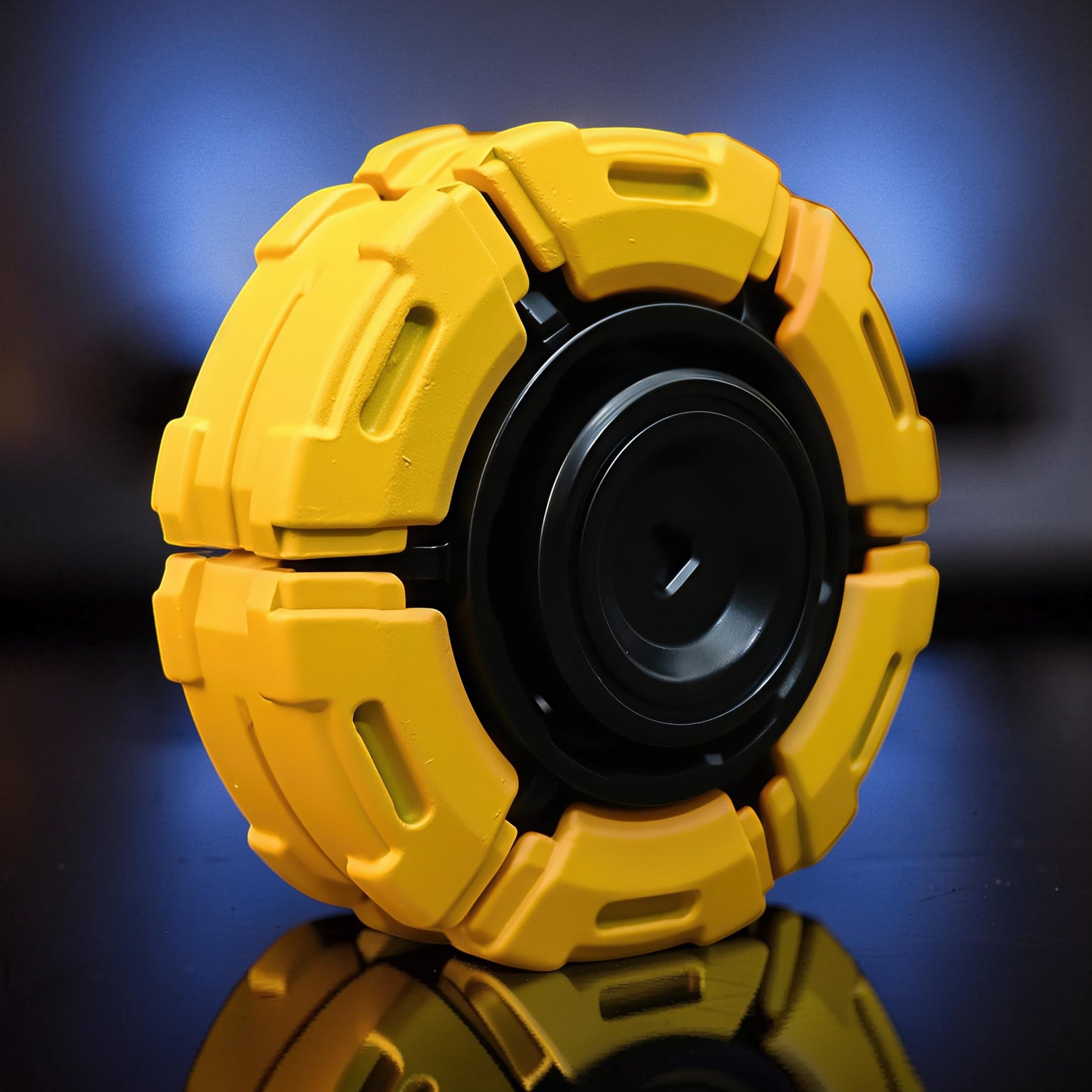 The Curious Mind Bumblebee Metal Spinner fidget toy in bright yellow with black accents, featuring a segmented, futuristic design.