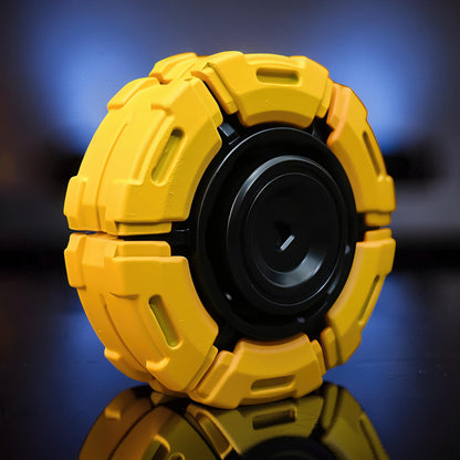 The Curious Mind Bumblebee Metal Spinner fidget toy in bright yellow with black accents, featuring a segmented, futuristic design.
