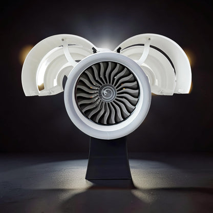 The Curious Mind turbofan engine display model, 35cm, made of white and grey PLA with mechanical movement.