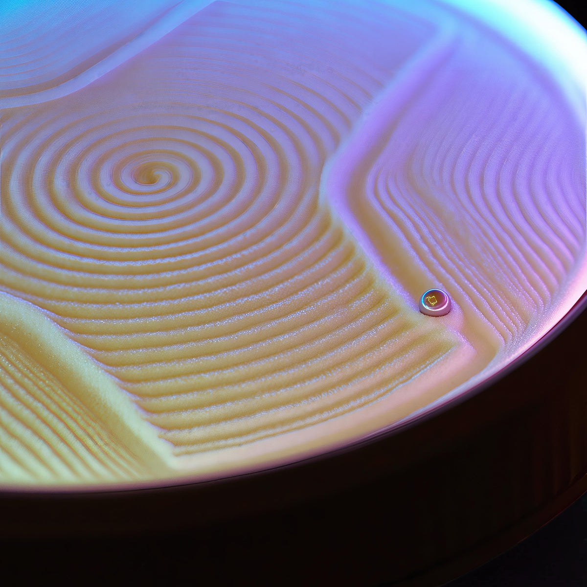 The Curious Mind Kinetic Sand Painting Machine with yellow sand creating swirling patterns under purple and blue light.