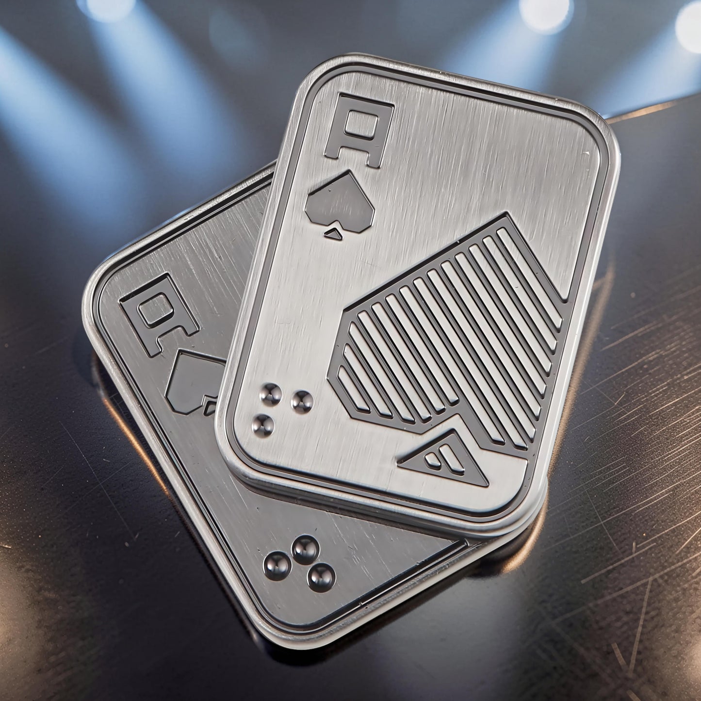 The Curious Mind Ace of Spades metal slider fidget toy, silver brushed metal with engraved spade design.