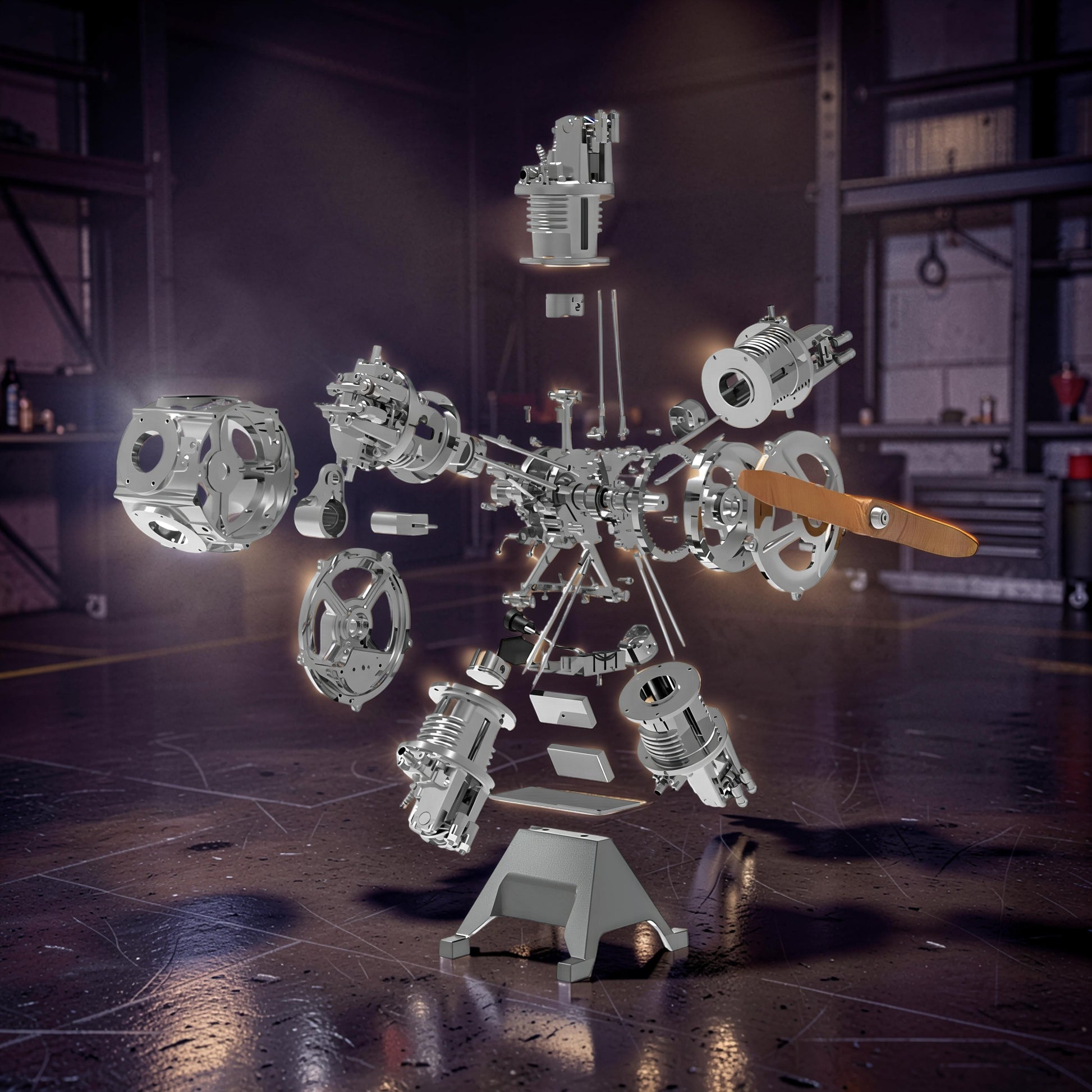 The Curious Mind 5-cylinder aircraft radial engine DIY kit, exploded view of metal model parts with wooden propeller.