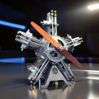 The Curious Mind 5-cylinder aircraft radial engine DIY kit, a detailed metal mechanical model with an orange propeller.