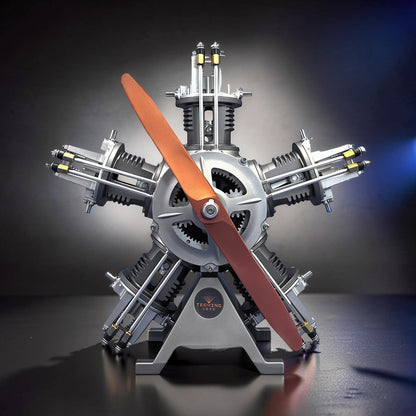 The Curious Mind 5-cylinder aircraft radial engine DIY kit, a detailed metal mechanical model with a copper propeller.