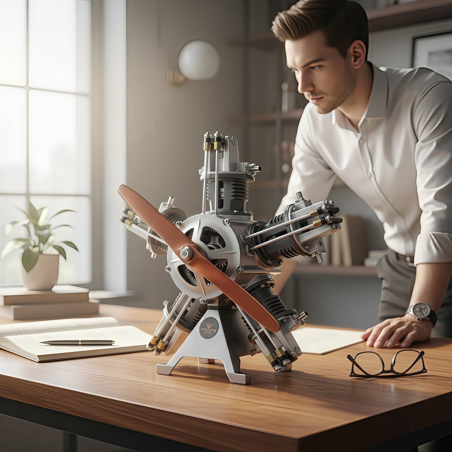 The Curious Mind 5-cylinder aircraft radial engine model kit, a detailed metal mechanical model with a wooden propeller, displayed on a desk.