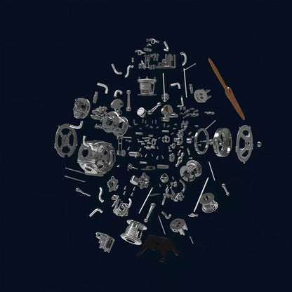 The Curious Mind 5-cylinder aircraft radial engine DIY kit, metal mechanical model parts exploded view with wooden propeller.