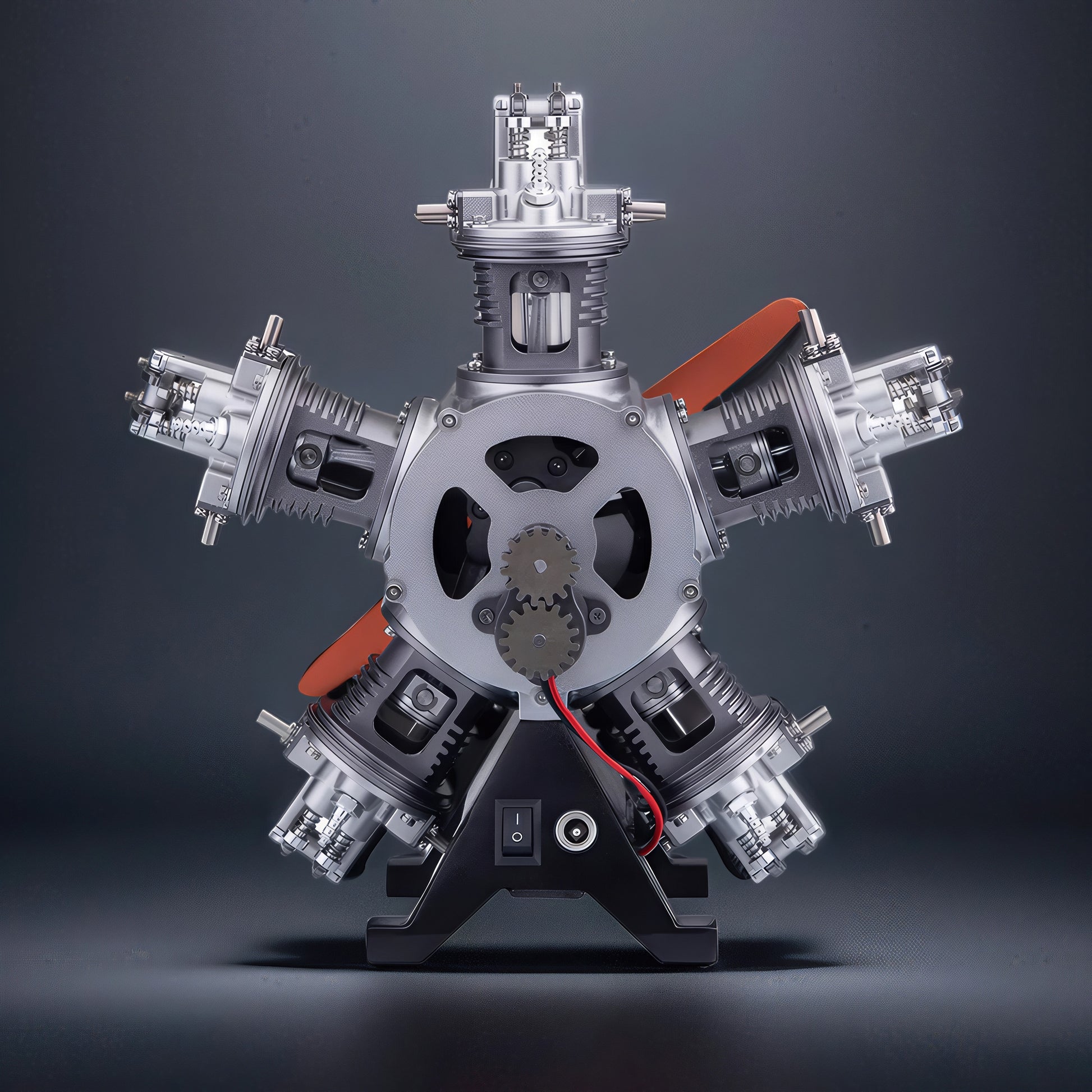 The Curious Mind 5-cylinder aircraft radial engine DIY kit, a detailed metal mechanical model with orange accents and a black display stand.