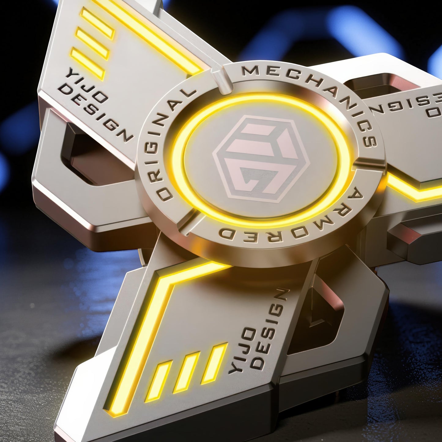 The Curious Mind Armoured Mech Glow Spinner: futuristic metal tri-spinner with yellow LED accents and mechanical detailing.