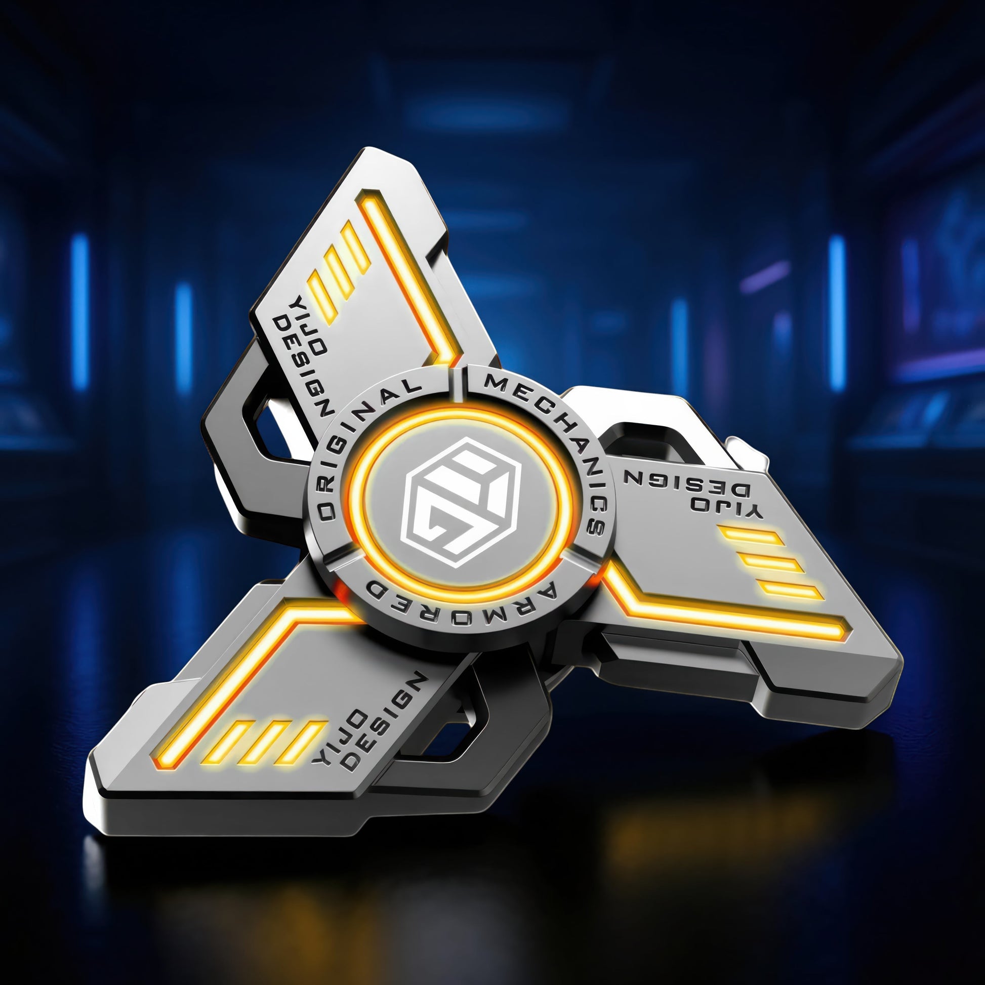 The Curious Mind Armoured Mech Glow Spinner: futuristic metal tri-spinner with grey, silver, and orange glow accents.