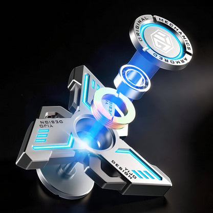 The Curious Mind Armoured Mech Glow Spinner: futuristic metal tri-spinner with blue glow accents and balanced design.