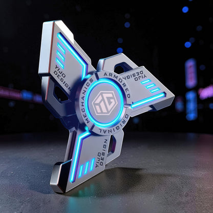The Curious Mind Armoured Mech Glow Spinner: futuristic metal tri-spinner with blue LED accents and angular detailing.