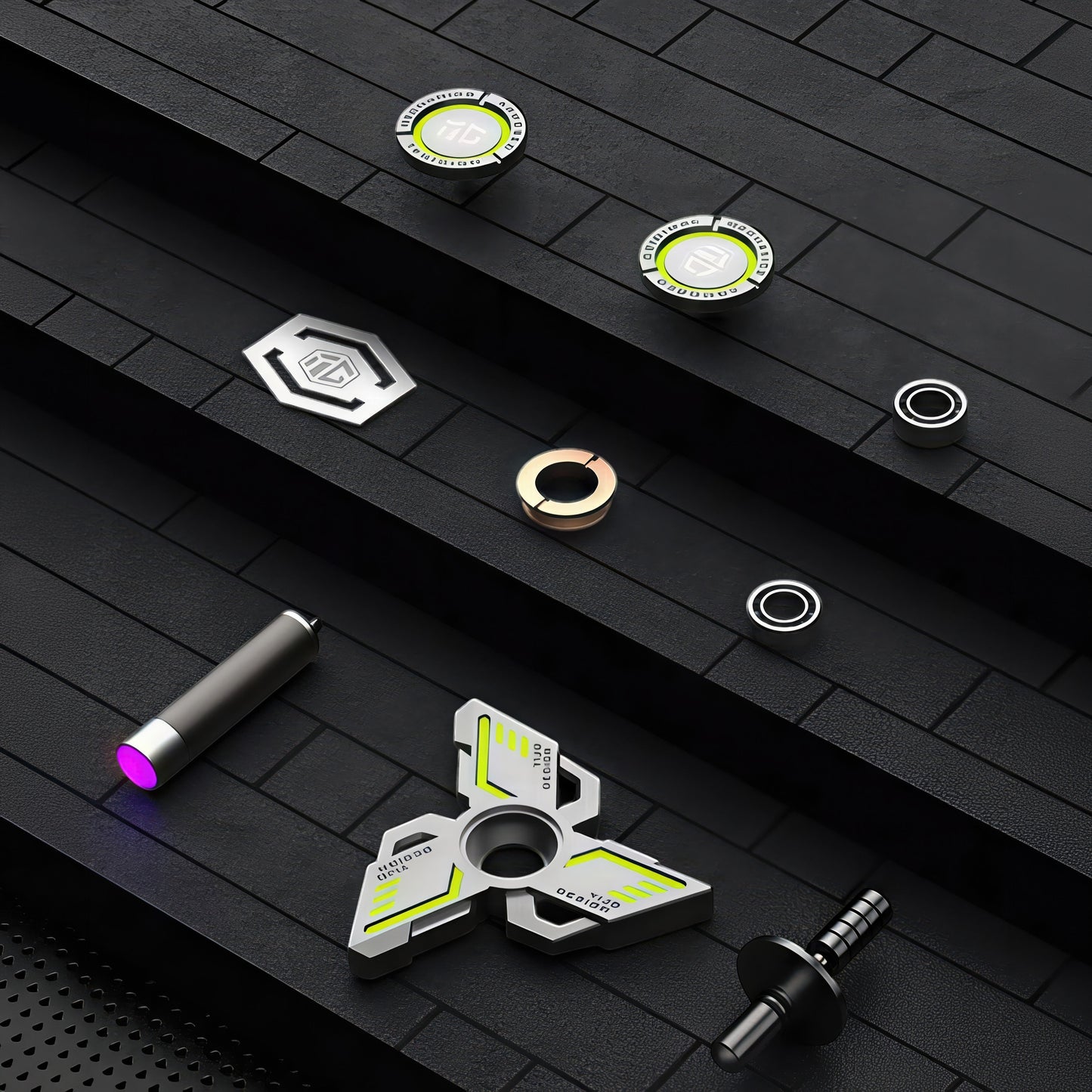 The Curious Mind Armoured Mech Glow Spinner: futuristic metal tri-spinner with neon green accents and glow strips.