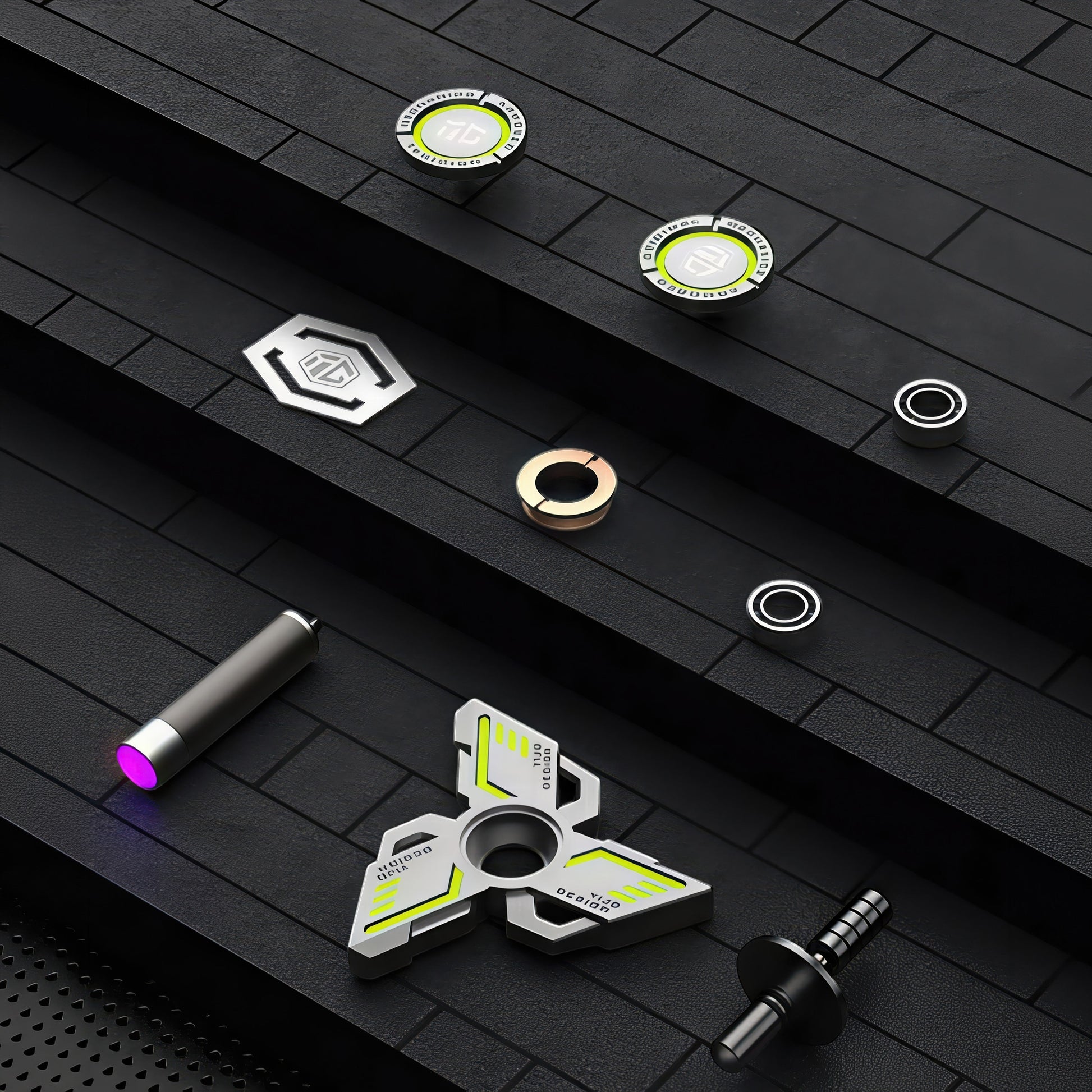 The Curious Mind Armoured Mech Glow Spinner: futuristic metal tri-spinner with neon green accents and glow strips.