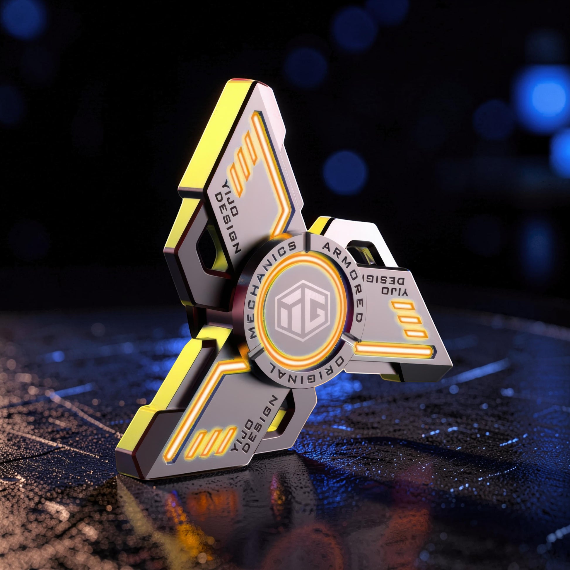 The Curious Mind Armoured Mech Glow Spinner: futuristic metal tri-spinner with grey, yellow, and orange accents.