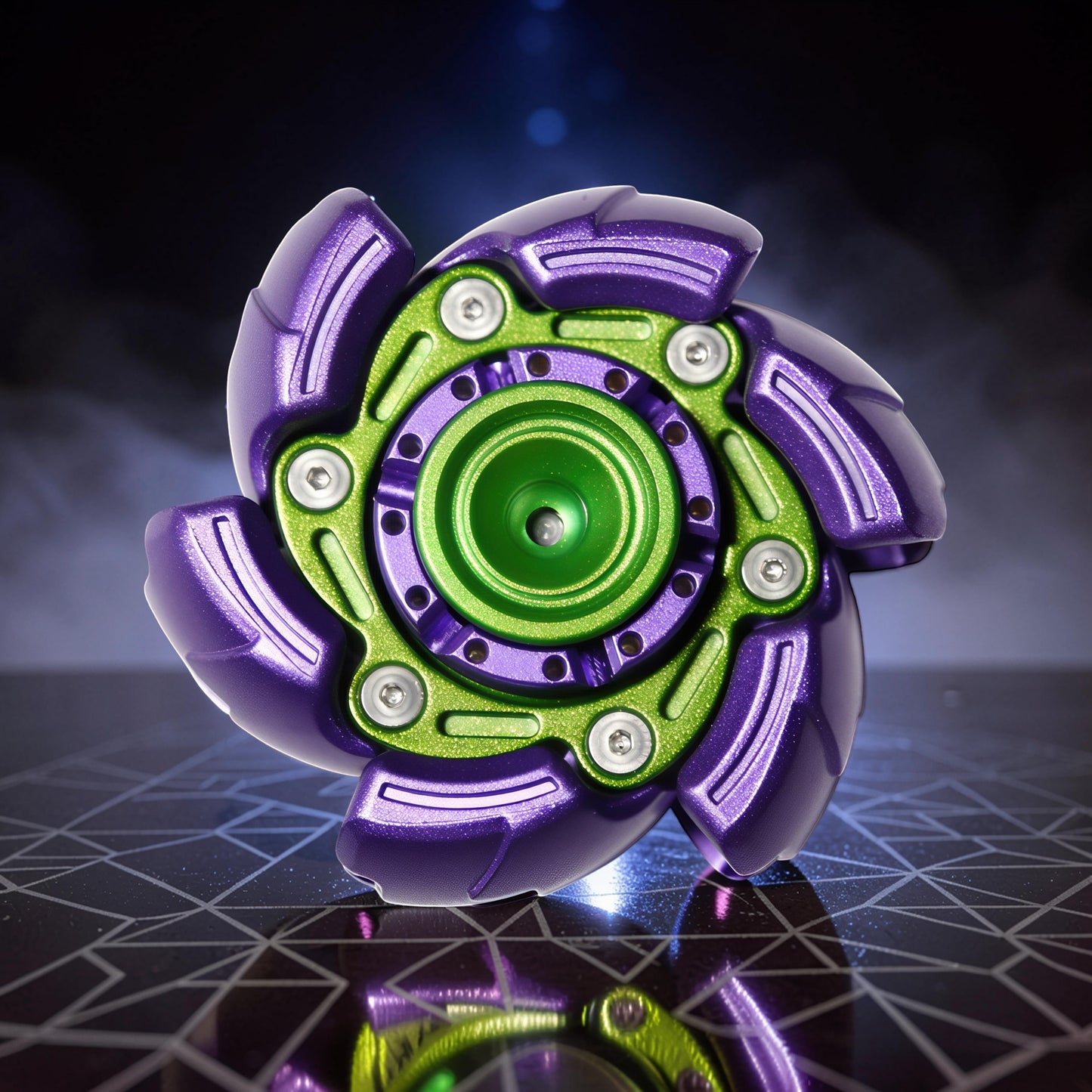 The Curious Mind Open Armour Hand Spinner, a metallic fidget toy in purple and green with a detailed, segmented design and central bearing.