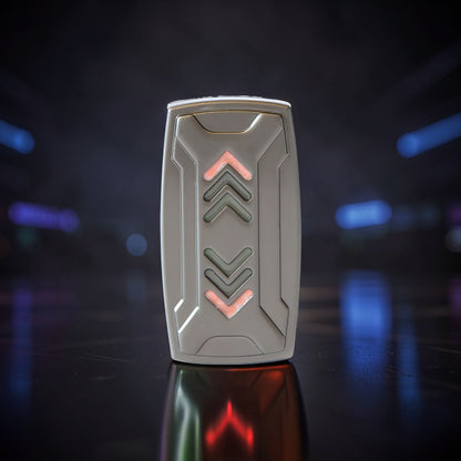 The Curious Mind Arrow Pusher Click Slider fidget toy with metallic grey finish and illuminated arrow details.