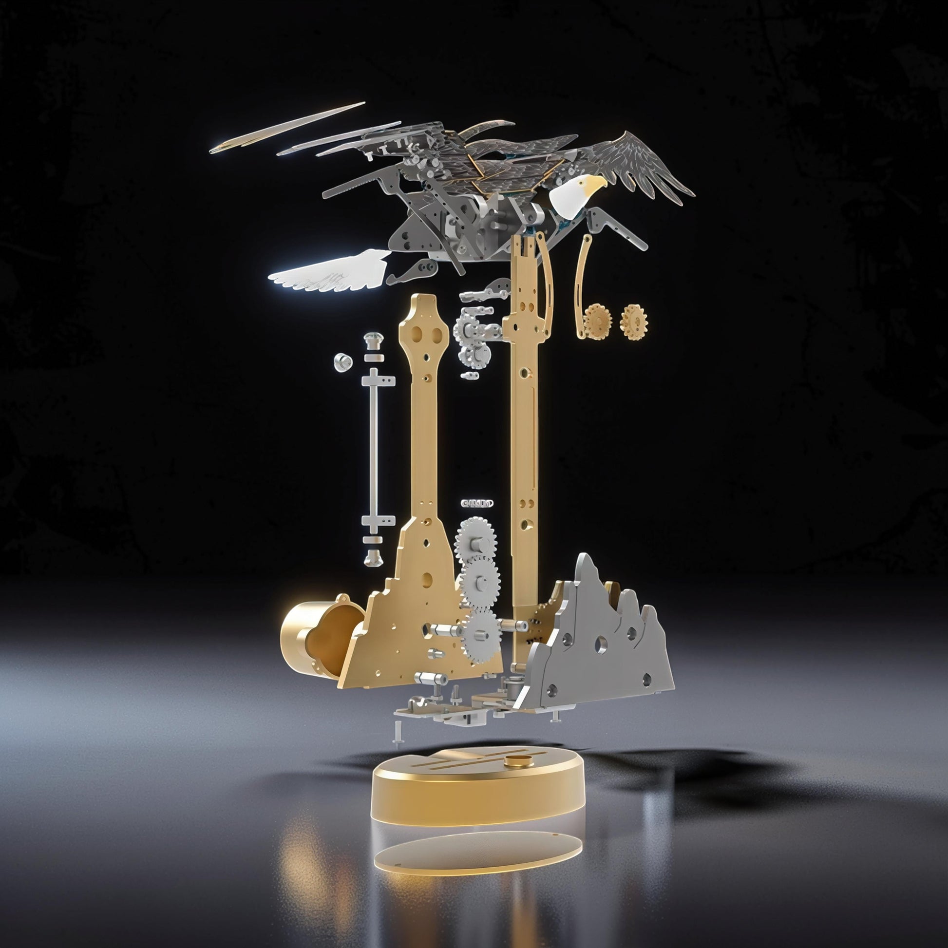 The Curious Mind Bald Eagle Flapping Wings DIY Kit, a mechanical metal model with intricate gears and components, displayed in an exploded view.