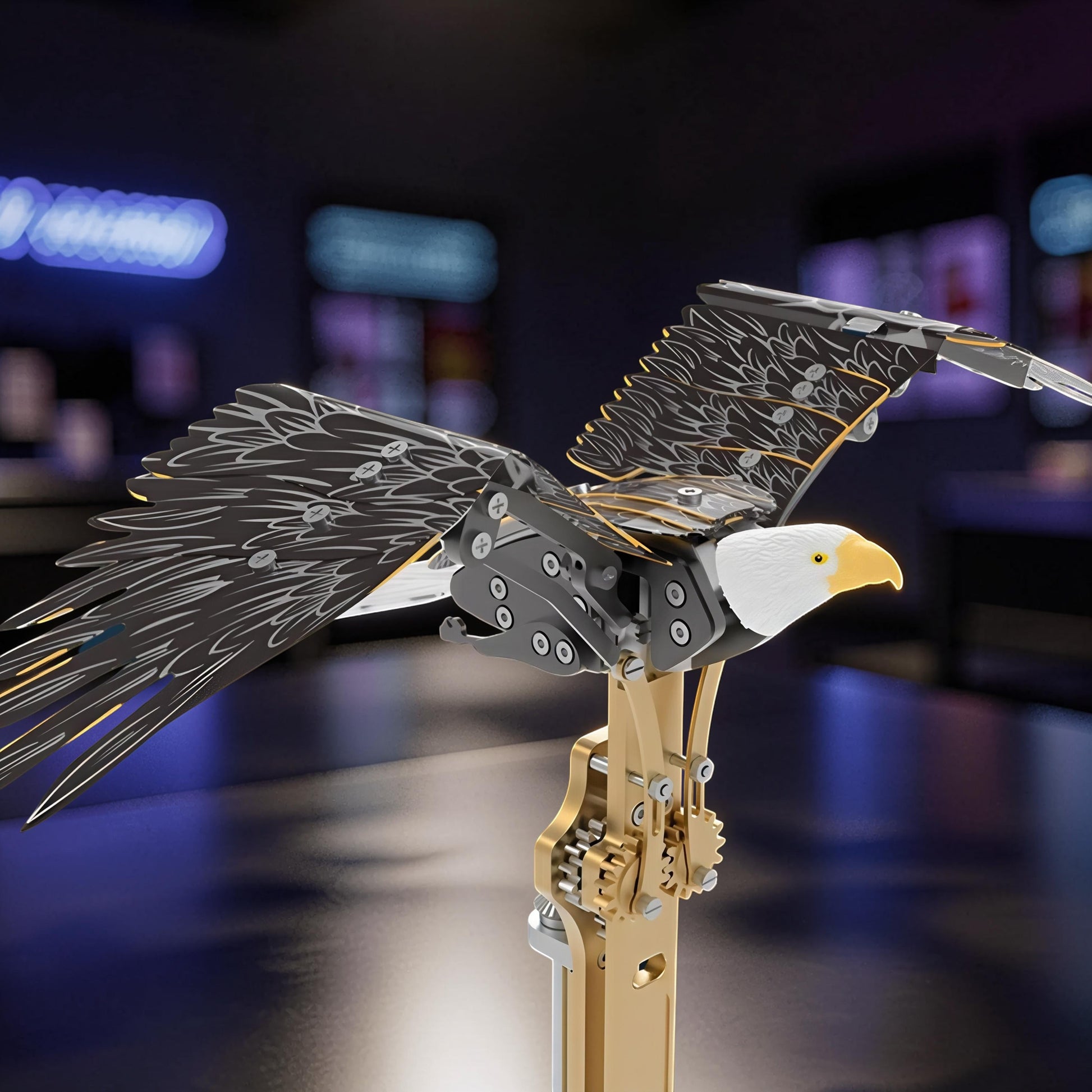 The Curious Mind Bald Eagle mechanical model kit with flapping wings, detailed metal construction, and realistic head.