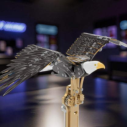 The Curious Mind Bald Eagle mechanical model kit with flapping wings, detailed metal construction, and realistic head.
