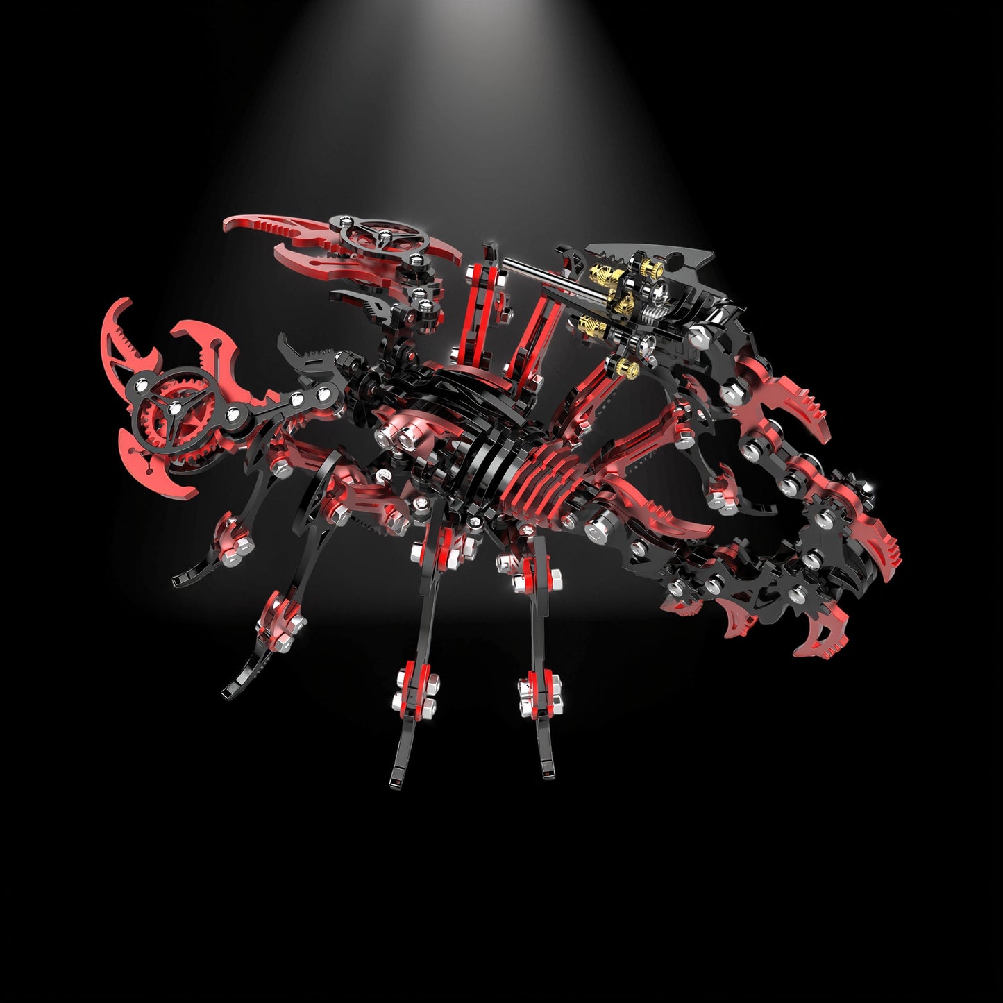 The Curious Mind Black Edition Mechanical Scorpion 3D metal model kit, featuring intricate black and red metal parts and gears.