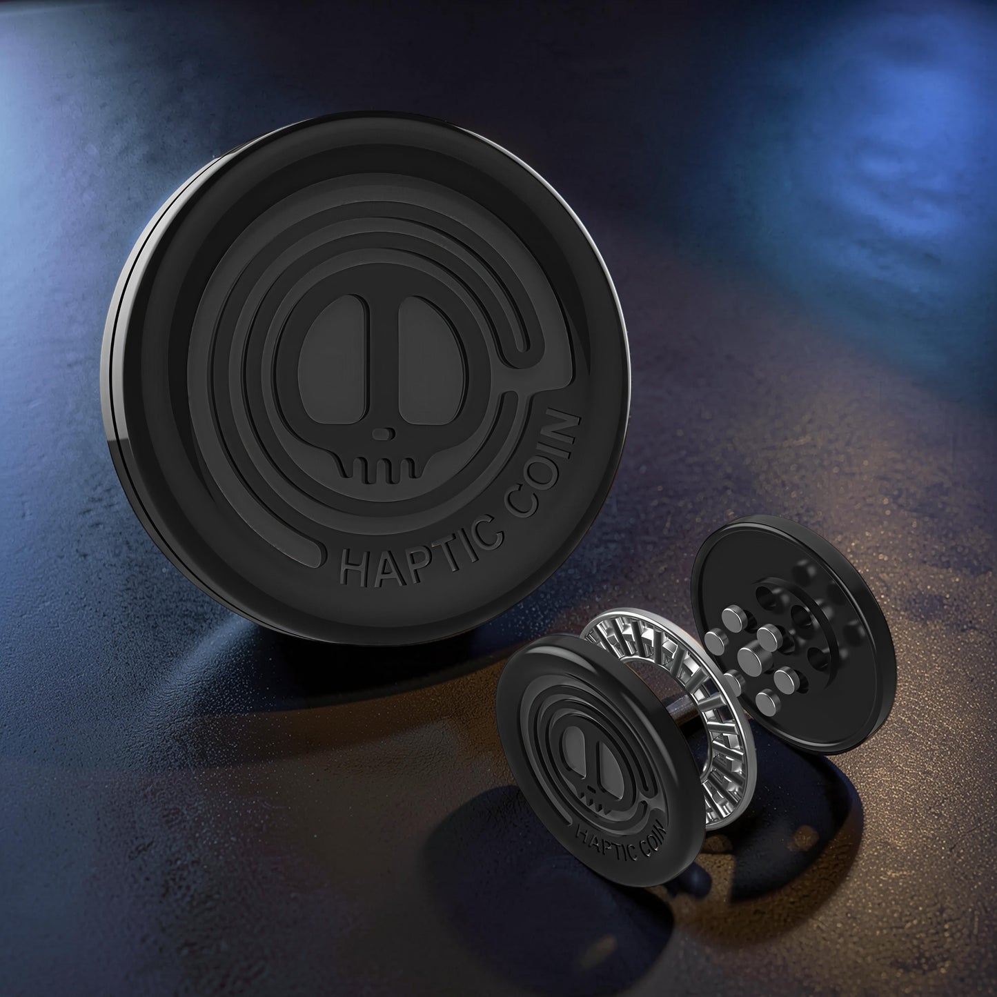 The Curious Mind Demon Coin Push Card Clicker fidget toy, black metal with demon skull design and satisfying click mechanism.