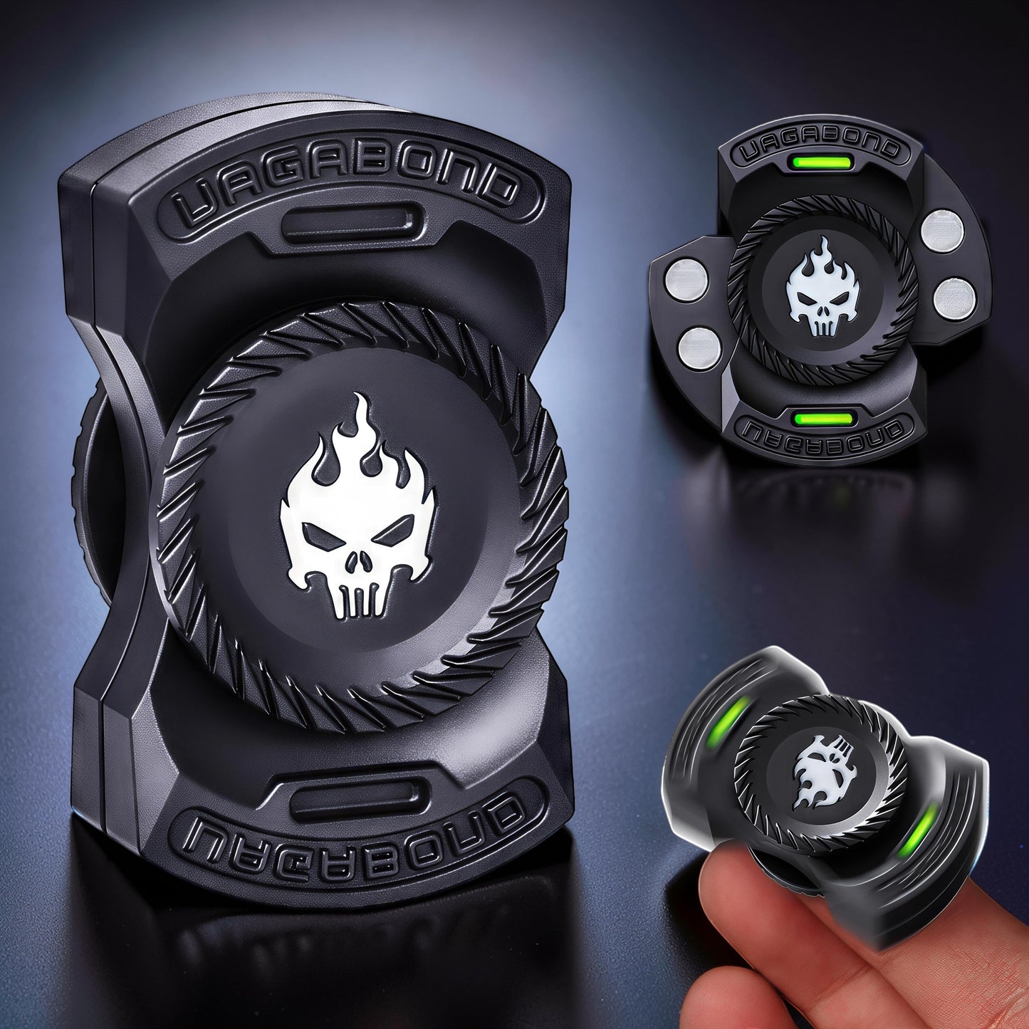 The Curious Mind Butterfly Plus Metal Spinner in black features a flame skull design and green LED accents. EDC fidget toy.