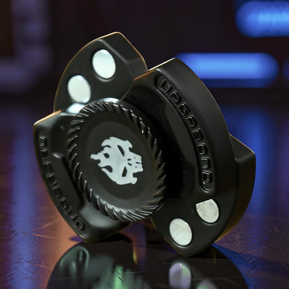 The Curious Mind Butterfly Plus Metal Spinner in black features a skull graphic and smooth, satisfying rotation for EDC.