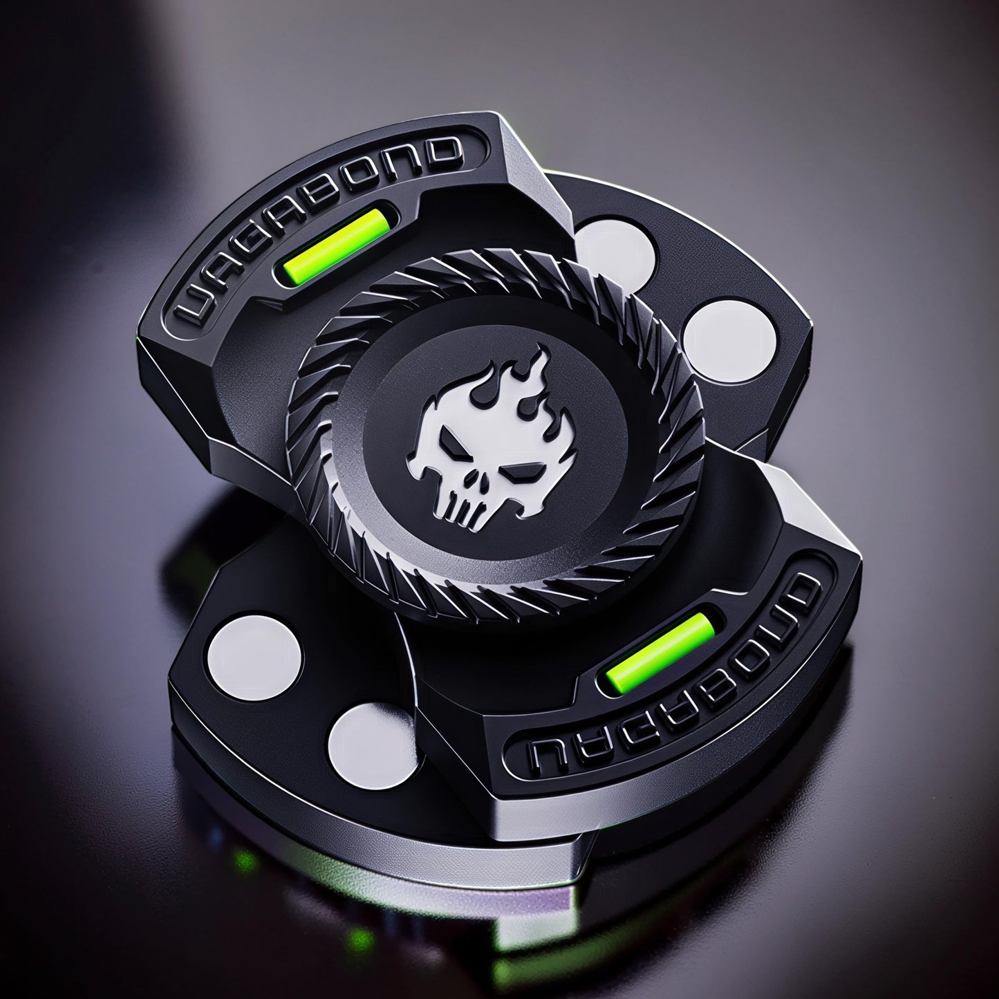 The Curious Mind Butterfly Plus metal spinner in black with a skull and flames logo and green accents. Features 'VAGABOND' text.
