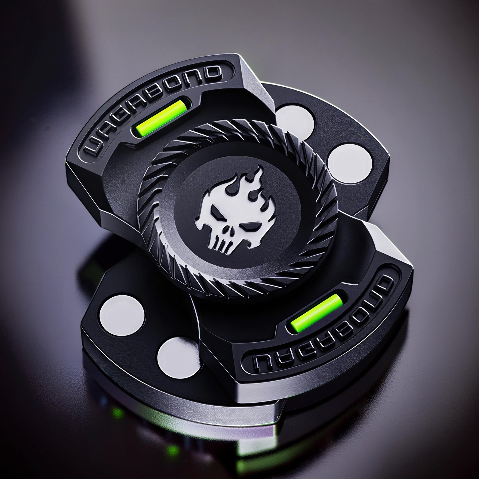 The Curious Mind Butterfly Plus metal spinner in black with a skull and flames logo and green accents. Features 'VAGABOND' text.