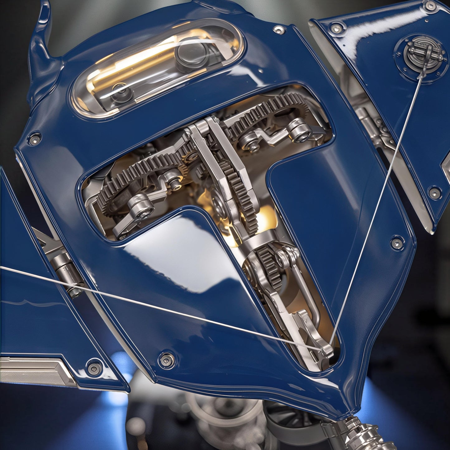 The Curious Mind Manta Ray DIY Kit: blue metal mechanical ocean creature with visible gears and internal workings.