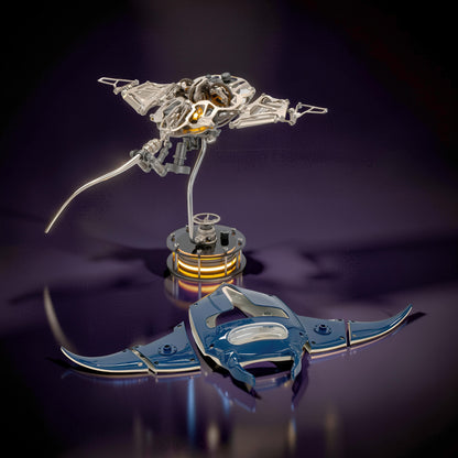 The Curious Mind Manta Ray DIY Kit: intricate metal mechanical ocean creature model with blue shell pieces.