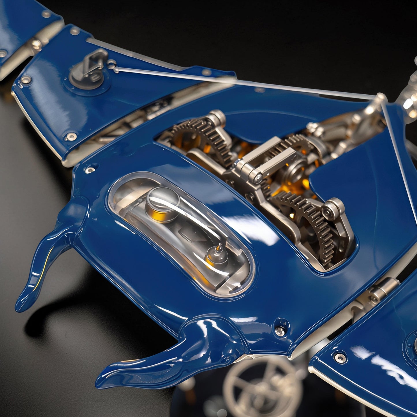 The Curious Mind Manta Ray DIY Kit features intricate metal gears and a glossy blue metal body, showcasing mechanical ocean creature detail.