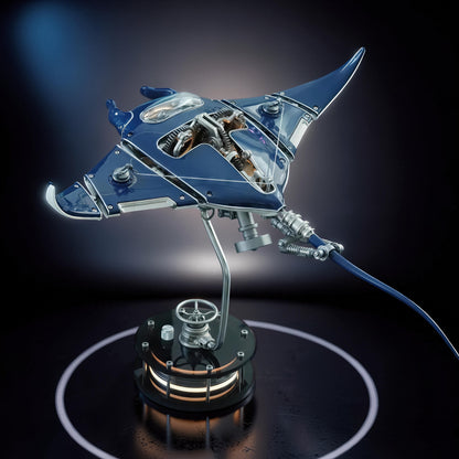 The Curious Mind Manta Ray DIY Kit, a blue metallic mechanical ocean creature with exposed gears and a display stand.
