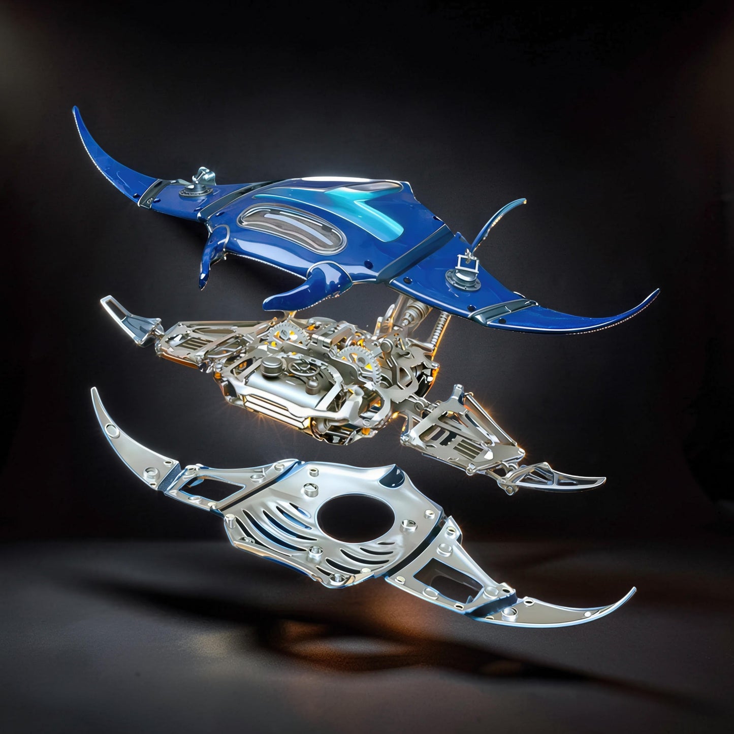 The Curious Mind Manta Ray DIY Kit features a blue mechanical ocean creature with intricate metal gears and detailing. Display model.