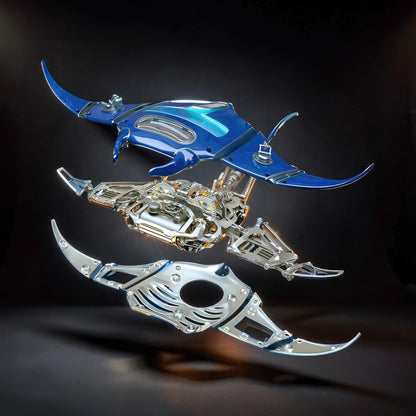 The Curious Mind Manta Ray DIY Kit features a blue mechanical ocean creature with intricate metal gears and detailing. Display model.