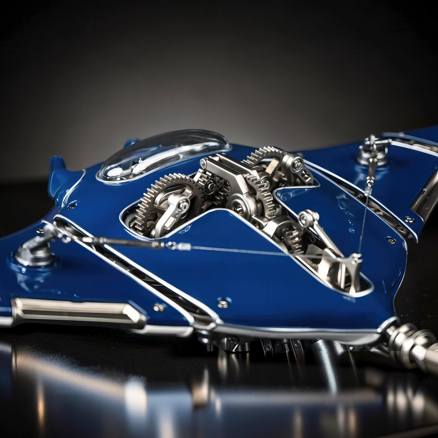 The Curious Mind blue metal mechanical manta ray DIY kit with visible gears and intricate details, 30x20x8cm.