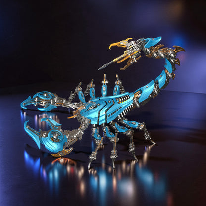 The Curious Mind Blue War Scorpion King 3D metal model kit with intricate mechanical details and gold accents.