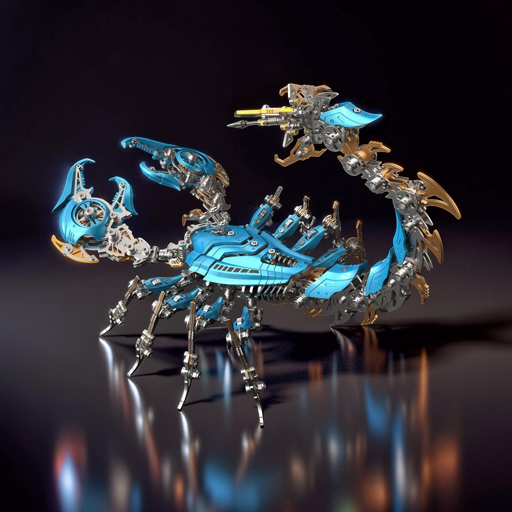 The Curious Mind Blue Mechanical War Scorpion King 3D metal model kit with intricate details and glowing accents.