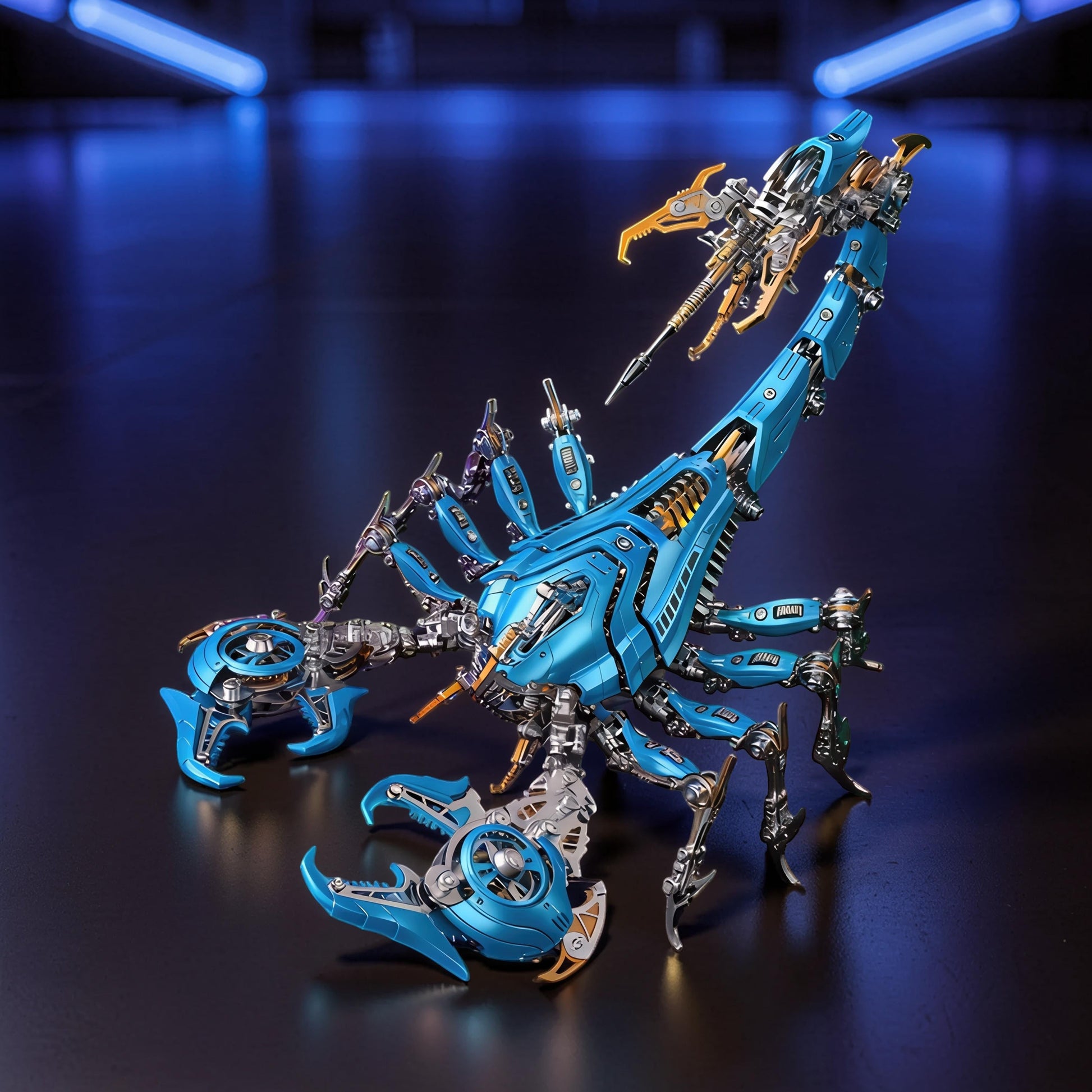 The Curious Mind Blue War Scorpion King 3D metal model kit with intricate mechanical details and gold accents.