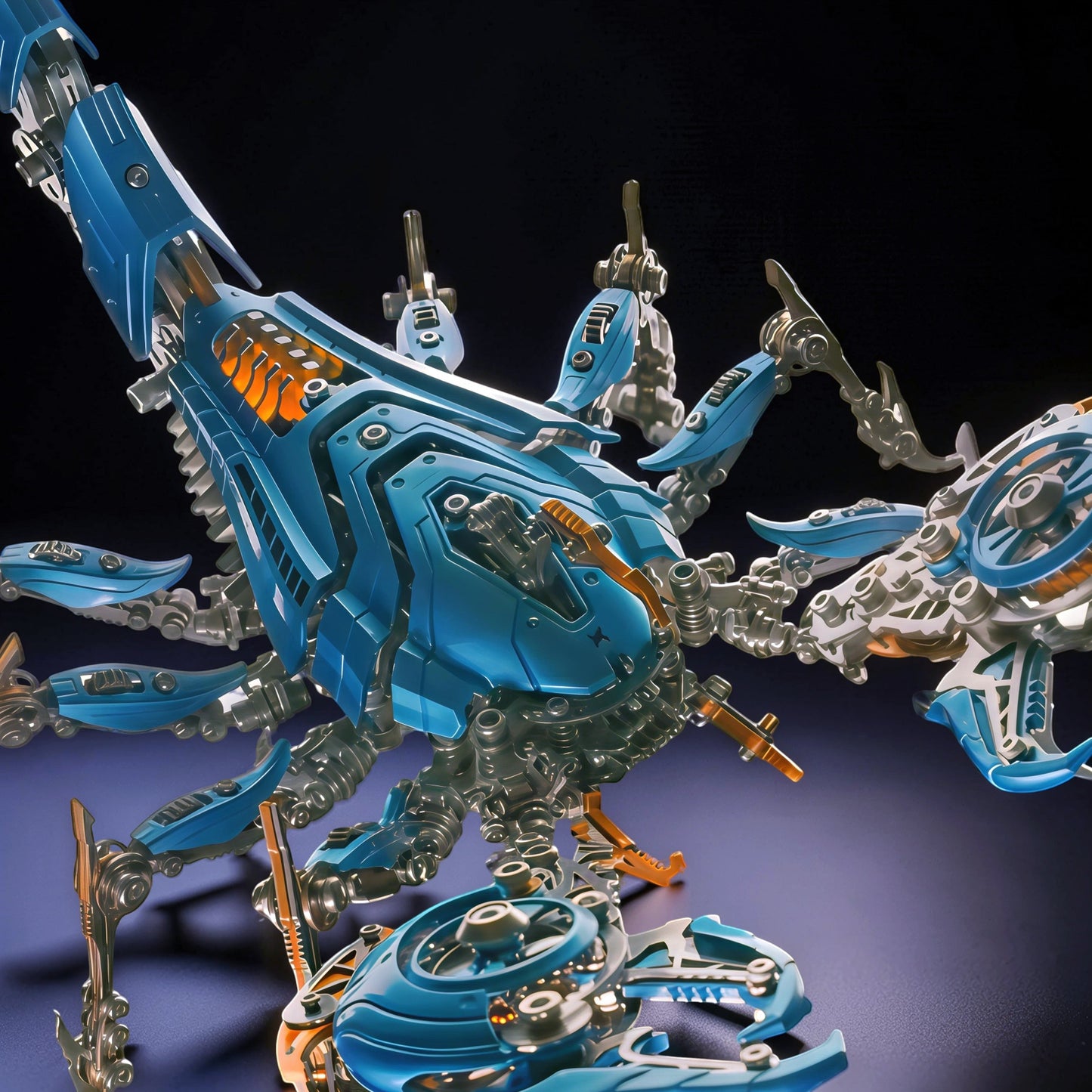 The Curious Mind Blue War Scorpion King 3D metal model kit with intricate mechanical details and orange glowing accents.
