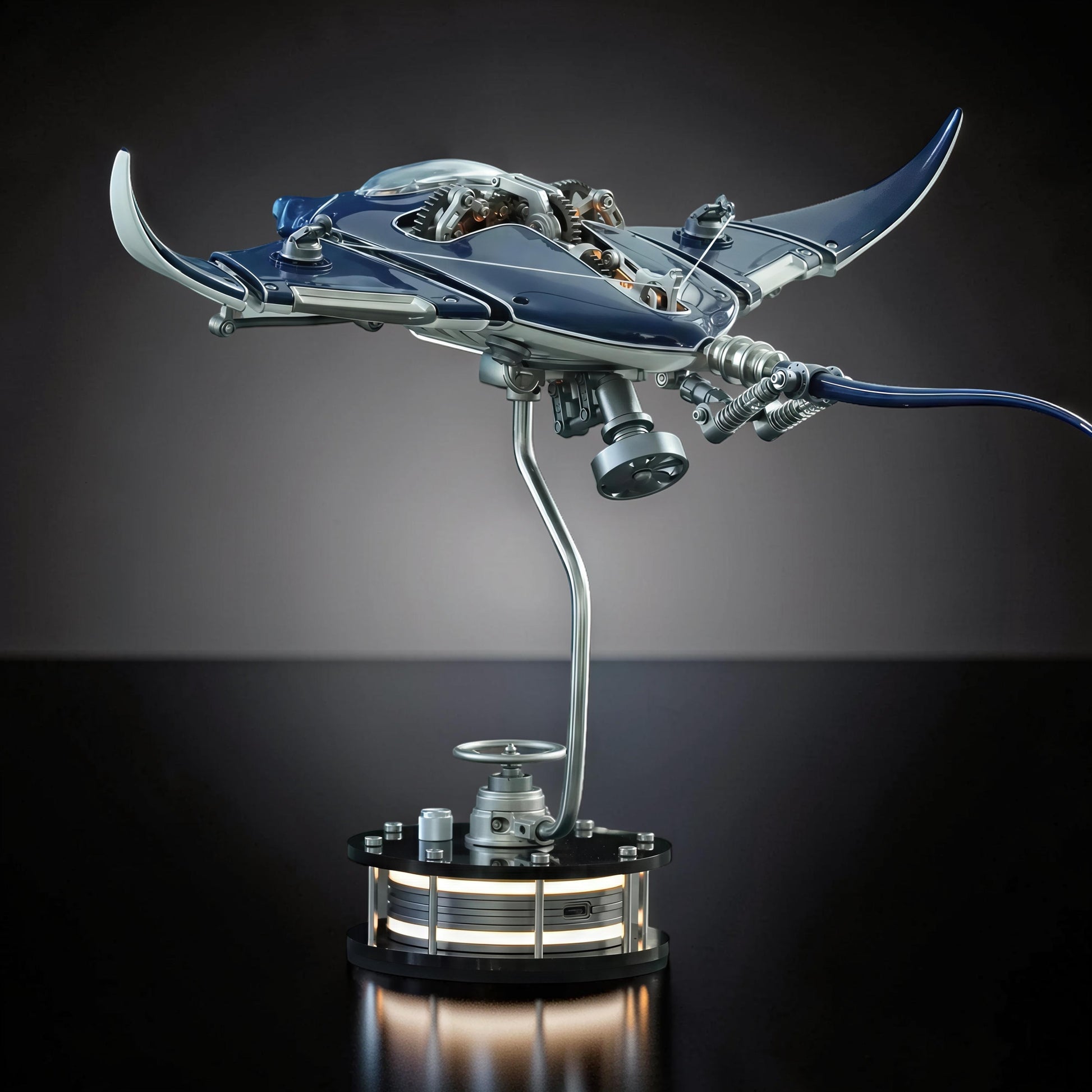 The Curious Mind blue metal manta ray mechanical ocean creature DIY kit on display stand.