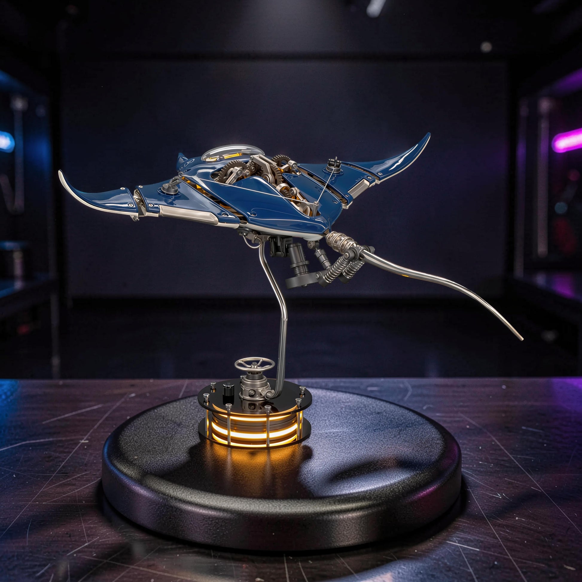 The Curious Mind blue metal mechanical manta ray DIY kit with intricate gears and a display base.
