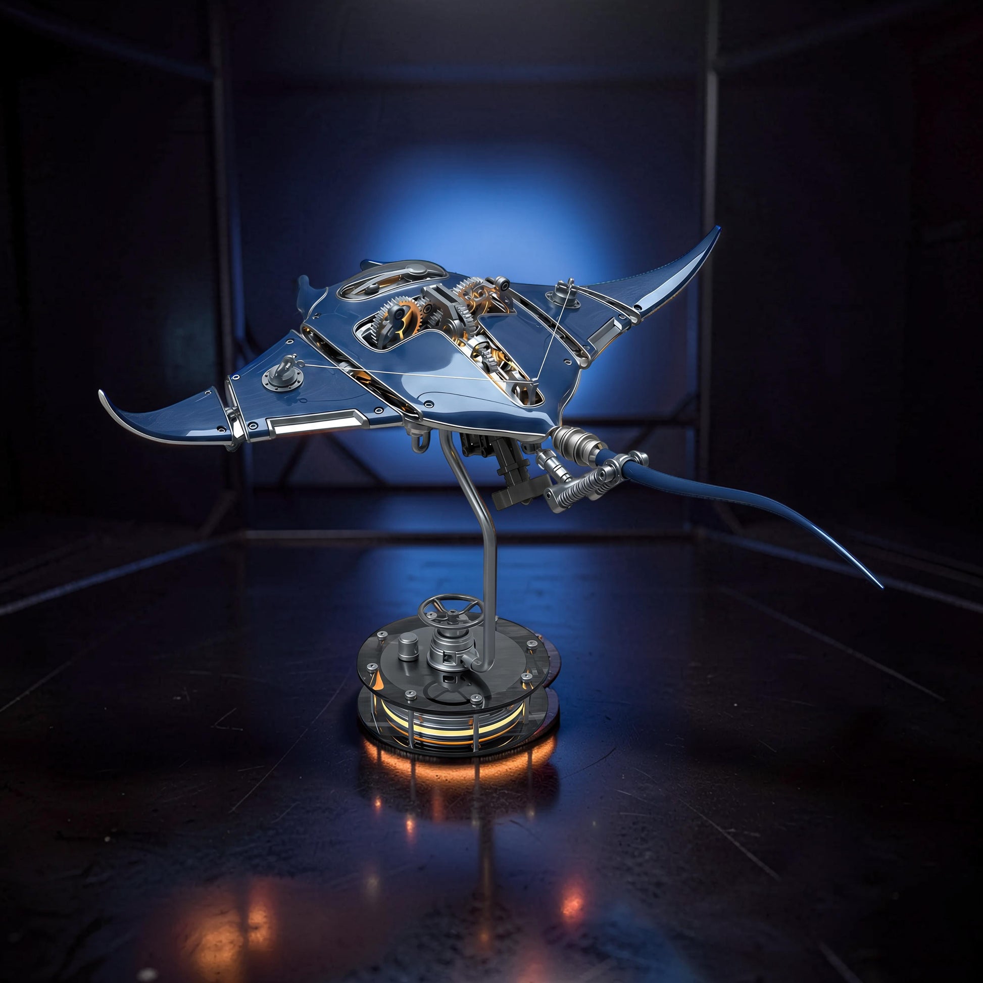 The Curious Mind blue metal manta ray mechanical ocean creature DIY kit with visible gears and a display stand.