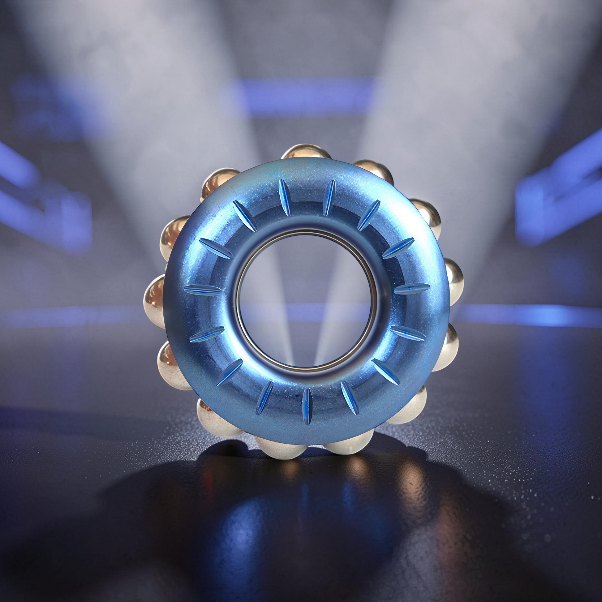 The Curious Mind blue metal bead wheel spinner with gold beads and grooved detailing. A premium fidget toy.