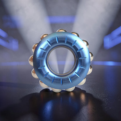 The Curious Mind blue metal bead wheel spinner with gold beads and grooved detailing. A premium fidget toy.